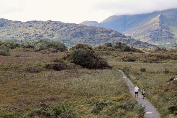 Two individuals walk along a winding path through a vast, green and purple moorland landscape